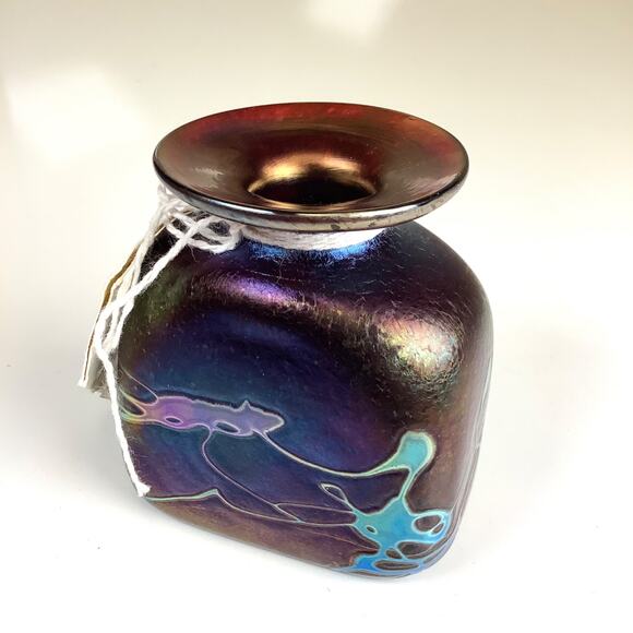 Robert Held Studio Signed Art Glass Vase Purple Swirl Iridescent w/Tag 3” High - Picture 11 of 13